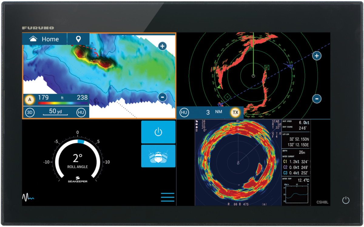 Furuno TZT16F screen with sonar and Seakeeper stabilization.